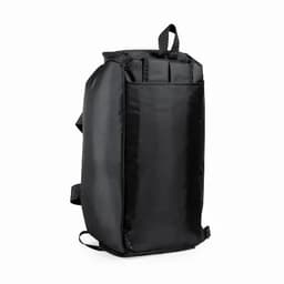 A black backpack with a simple design, featuring adjustable straps and a sturdy exterior.
