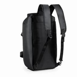 A black backpack with adjustable straps and a sleek design, featuring a side pocket and a branded logo.