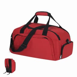 A red duffle bag with black handles and a shoulder strap, featuring zippered pockets and a compact design.