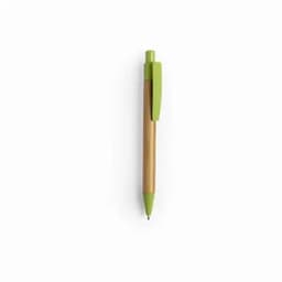A pen with a bamboo barrel and green accents, featuring a clip at the top and a pointed tip for writing.