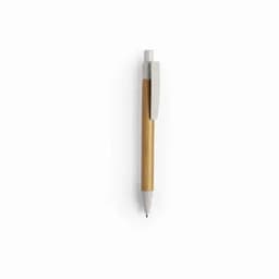A pen with a wooden barrel and a white clip, featuring a smooth white tip.