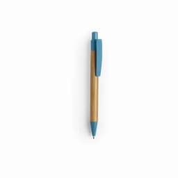 A pen featuring a bamboo barrel with a blue grip and clip.