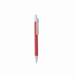 A red pen with a white clip and tip, featuring a simple design. It has a logo on the barrel.