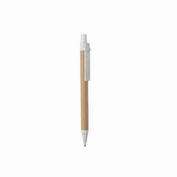 A ballpoint pen with a beige barrel and a white clip, featuring a simple design.
