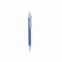 A blue pen with a white clip and tip, featuring a simple design and a clear branding logo.