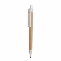 A pen with a natural wood finish and a white cap, featuring a logo on the clip.