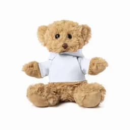 A plush teddy bear with brown fur, wearing a white hoodie, sitting upright. The bear has shiny black eyes.