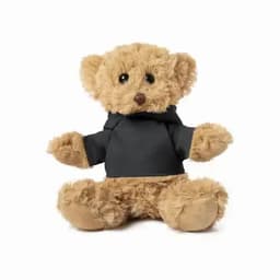 A teddy bear with a tan fur coat wearing a black hoodie. The bear has dark eyes and a friendly expression.