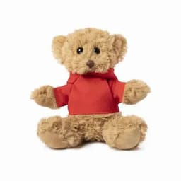 A teddy bear with a fluffy light brown body wearing a red hoodie, featuring black eyes and a stitched nose.