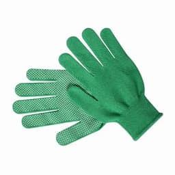 A pair of green rubber gloves with a textured grip and five-finger design.