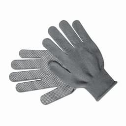 A pair of grey heat-resistant gloves with textured grip dots on the palms and fingers.