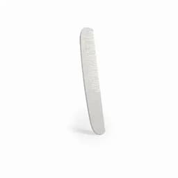 A white hair comb with smooth and textured sides, featuring a simple design. It has a logo on one side.