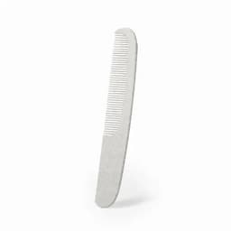 A white comb with a smooth handle and fine teeth, featuring a simple design.