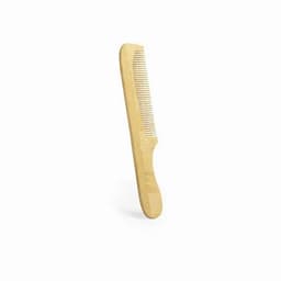 A wooden comb with a smooth finish, featuring wide and narrow teeth for styling hair.