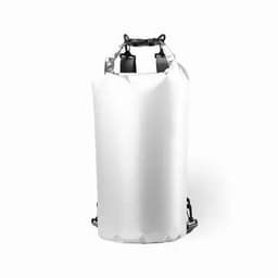 A drink bottle in a sleek white design with adjustable straps and a secure closure, featuring a logo.