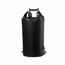 A black dry bag with a drawstring closure and adjustable straps, featuring a logo on the front.