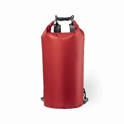 A drink bottle in vibrant red with a secure top and adjustable straps for easy carrying. It features a logo.