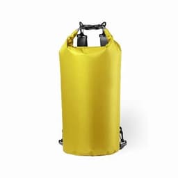 A yellow waterproof bag with adjustable straps and a roll-top closure, featuring a logo.