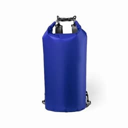 A blue waterproof dry bag with adjustable straps and a roll-top closure, featuring a logo on the front.