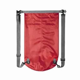 A red promotional product bag with grey straps and clips, featuring a logo on the front.