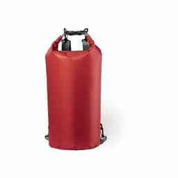 A red waterproof dry bag with adjustable straps and a roll-top closure, featuring a logo.