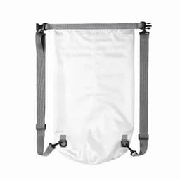 A white waterproof bag with grey straps and adjustable clips for carrying.