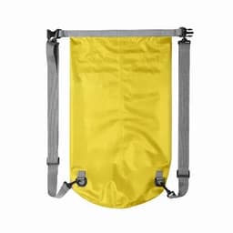 A yellow waterproof bag with grey straps and clips for secure fastening. It features a simple design without visible branding.