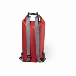 A red waterproof bag with grey straps, featuring a roll-top design and clips for secure closure.