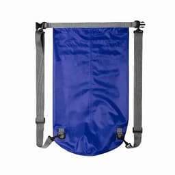 A blue promotional bag with grey straps, featuring adjustable clips for secure carrying.