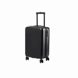 A black hard-shell suitcase with a retractable handle and four wheels for easy mobility. It features a logo.