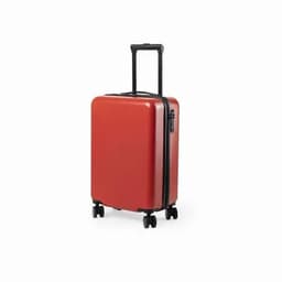 A red suitcase with a hard shell, black handles, and wheels, featuring a zip closure and a logo.