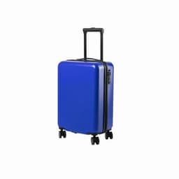 A blue suitcase with a handle and wheels, featuring a sleek design and a zipper closure.