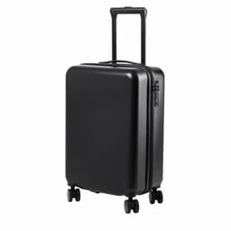 A black hard-shell suitcase with a retractable handle and four wheels for easy mobility.