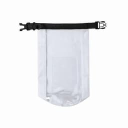 A waterproof bag with a transparent body and a black adjustable strap at the top. It has a simple, functional design.