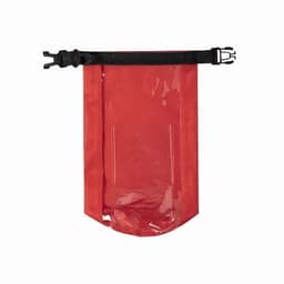 A red waterproof pouch with a black strap and buckle for secure closure. It features a transparent section.