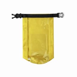 A waterproof yellow pouch with a clear front, featuring a black strap for secure closure.