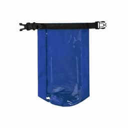 A blue waterproof pouch with a black strap and buckle, suitable for securing items inside.