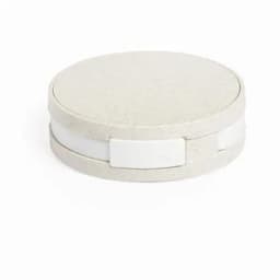 A round, light grey storage container with a smooth lid and a white accent band. Features a simple design.