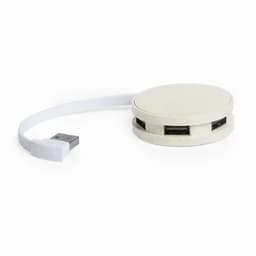 A round, white USB hub with multiple ports and a connected cable. It has a simple, modern design.