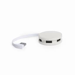 A round, white USB hub with multiple ports and a connected white cable. It has a smooth, textured finish.