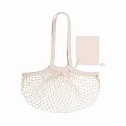 A netted tote bag in light cream, accompanied by a matching small pouch. The bag features long handles.