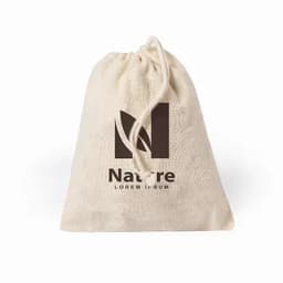A drawstring bag made of natural fabric, featuring a dark logo and cream colour.