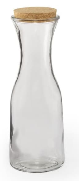 A drink bottle made of clear glass with a natural cork stopper, featuring a sleek, modern design.