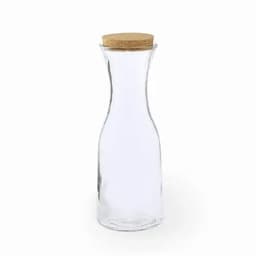 A drink bottle in clear glass with a cork stopper, featuring a sleek, curved design.