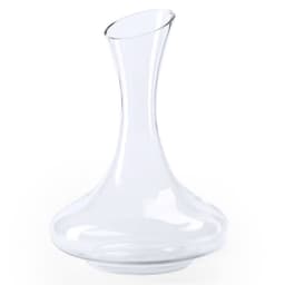 A drink bottle in a sleek, transparent design with a curved shape and wide base.