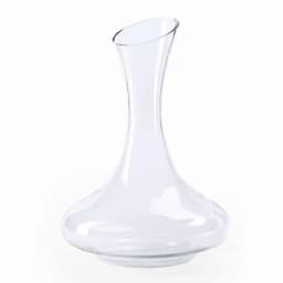 A clear glass decanter with a distinctive elongated neck and a wide base for serving beverages.