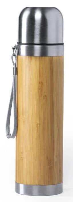 A drink bottle with a stainless steel top and a bamboo body, featuring a strap for carrying.