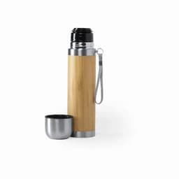 A drink bottle with a bamboo exterior, stainless steel accents, and a black lid, accompanied by a matching stainless steel cup.