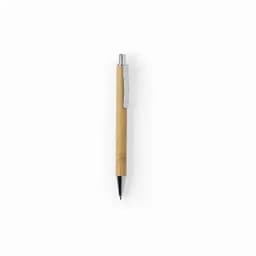 A bamboo pen with a silver clip and black tip, featuring a smooth, natural finish.