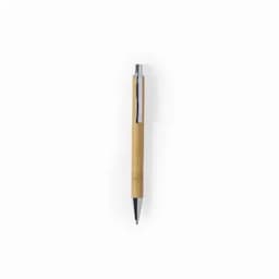 A pen with a bamboo body and chrome accents, featuring a clip for easy attachment.